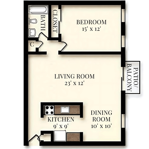 Floor plan for 1 bed, 1 bath, 670 sqft